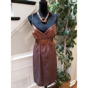 Roulette Women Brown Belted Spaghetti Straps Surplice Neck Knee Length Dress 12
